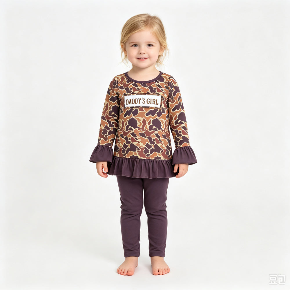 RTS NO MOQ Sibling milk silk Baby Girls Brown Duck Camo Mama's Girl Daddy's Girl Print Ruffle Long Sleeve Top