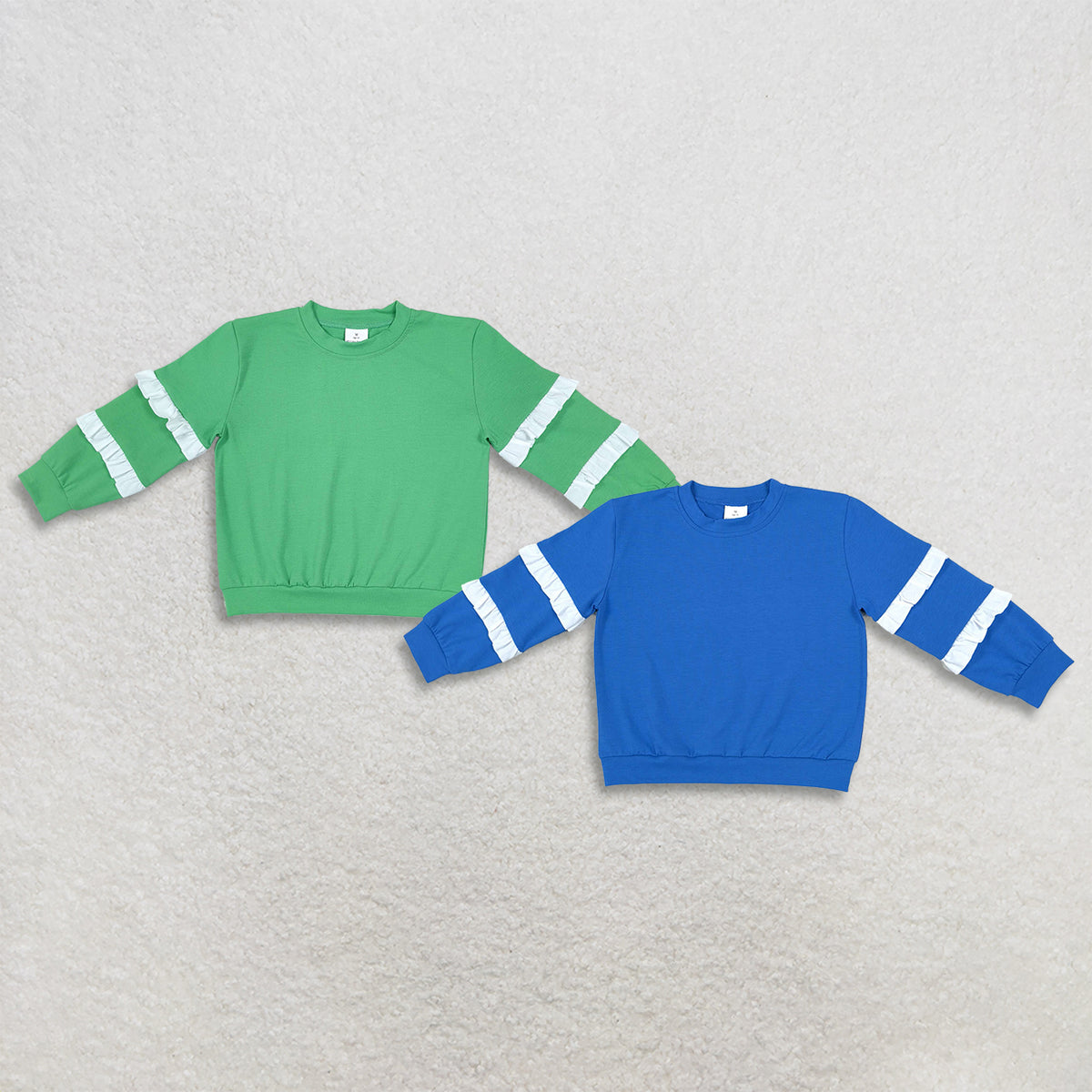 RTS NO MOQ Sibling cotton Baby Girls Solid Color Crew Neck With Double White Ruffle Sleeve Top