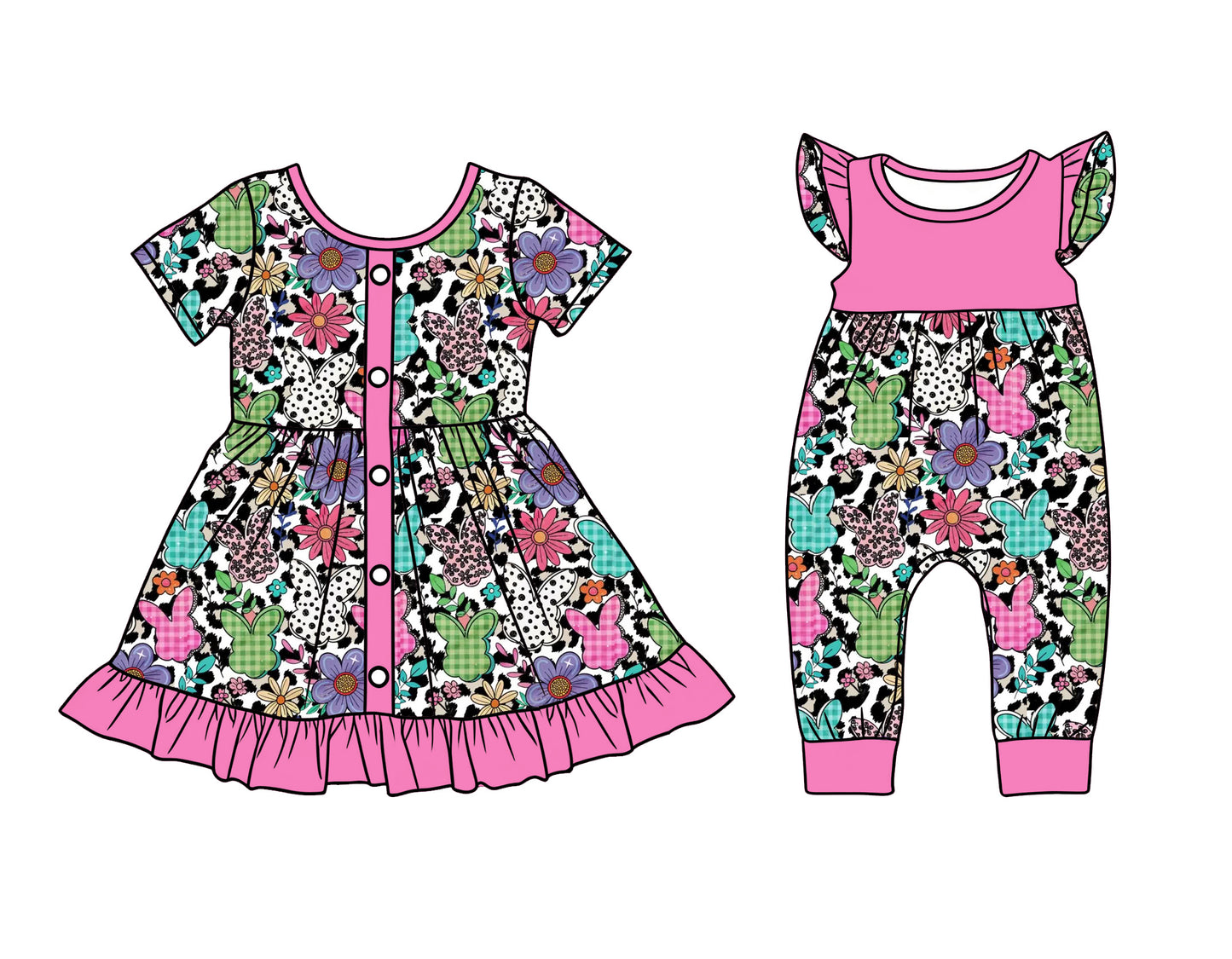 26.1.15 custom each style moq 5 eta 6-8week Sibling Sister bunny baby short sleeve romper and dress match design