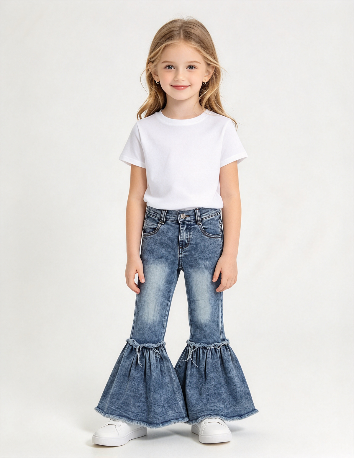 RTS NO MOQ Sibling Denim Baby Kids Ruffle Bell Bottom Jeans Denim Flared Trousers