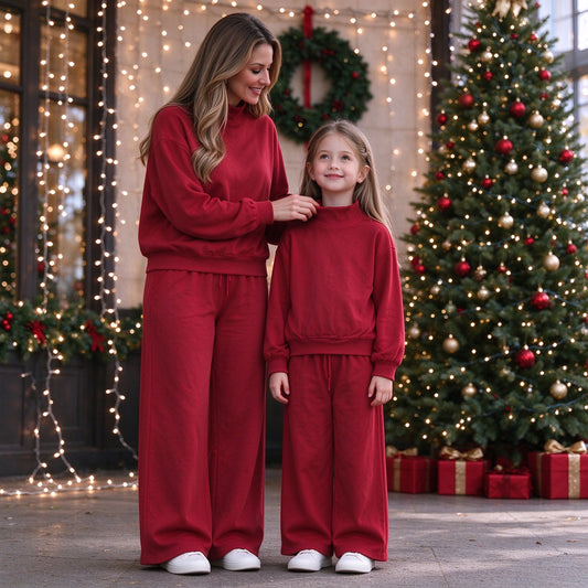 RTS NO MOQ Sibling cotton Adult To Match Kids High Neck Solid Red Mock Neck Long Sleeve Top Wide Leg Pants Set
