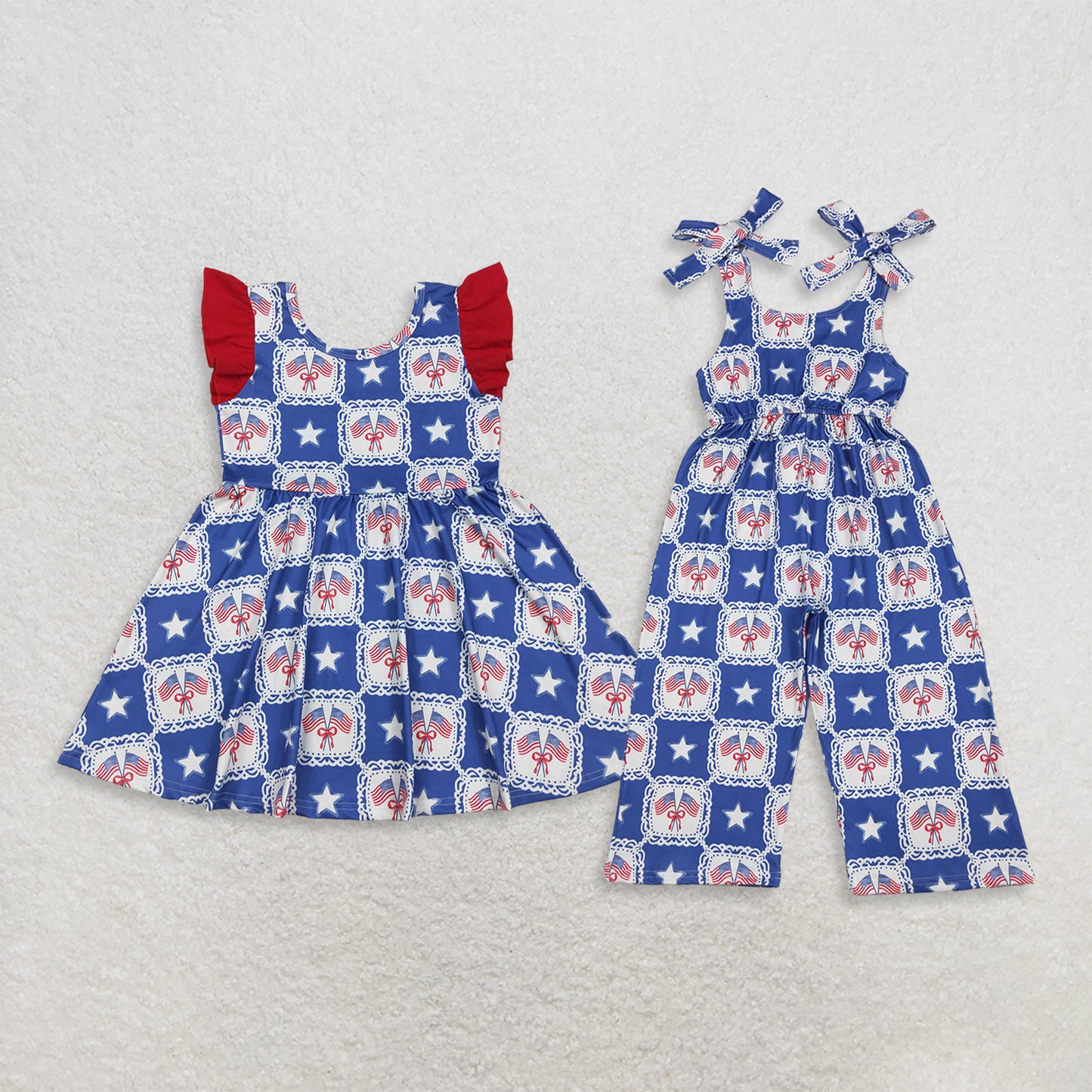 RTS NO MOQ Sibling milk silk Baby Girls 4th of July Bows Flags Stars Checked Dress Jumpsuits