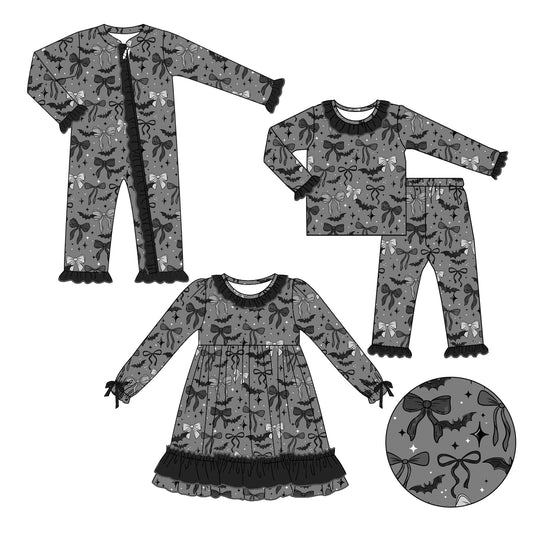 25.5.8 custom each style moq 5eta 4-6week Sibling Sisters bat bow baby girl long sleeve pants sets and dress and rompers match family design
