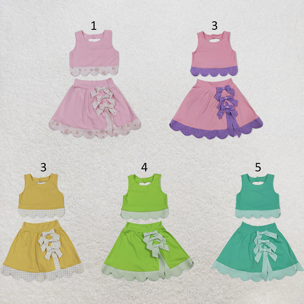 RTS NO MOQ Sibling milk silk Baby Girls Bow Scallop Vest Skort Active Wear Yoga Clothes Set