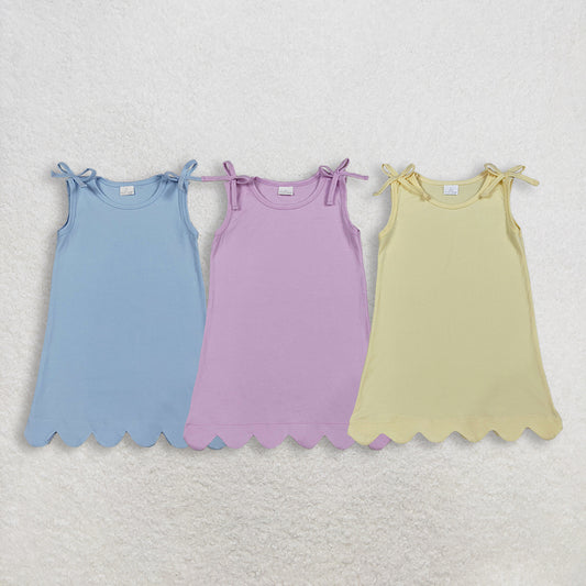RTS NO MOQ Sibling Baby Girls Sleeveless Scallop Edge Knee-Length Dress with Bow Ties Infant Dresses