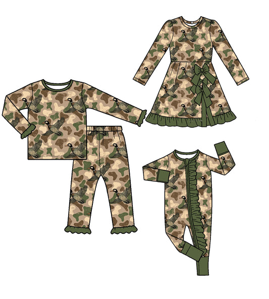 (Preorder new) No moq Baby Girls Green Camo Ducks Print Pajamas Set Yoga Short Bows Ruffle Knee Length Dress Ruffle Zipper Romper