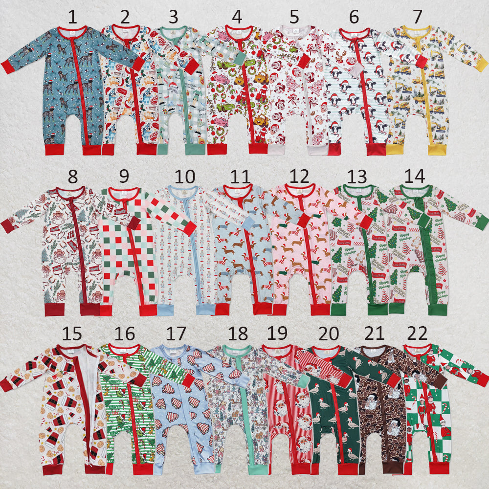 RTS NO MOQ Sibling milk silk Baby Boys Girls Christmas Long Sleeve Zip Up Rompers