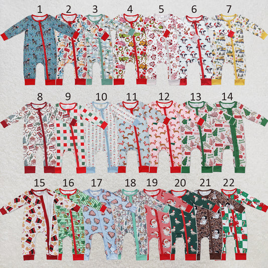 RTS NO MOQ Sibling milk silk Baby Boys Girls Christmas Long Sleeve Zip Up Rompers
