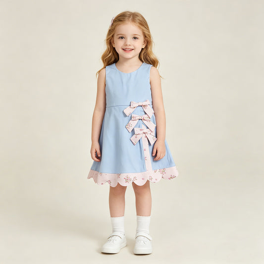 RTS NO MOQ GSD3030 Baby Girls Cute Light Blue Bows Yoga Scallop Knee Length Dress