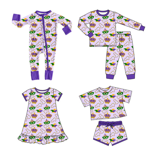 25.10.10 custom each style moq 5 eta 6-8week Sibling Sisters mardi gras baby girl long sleeve pants sets and shorts sets and dress and rompers match family design