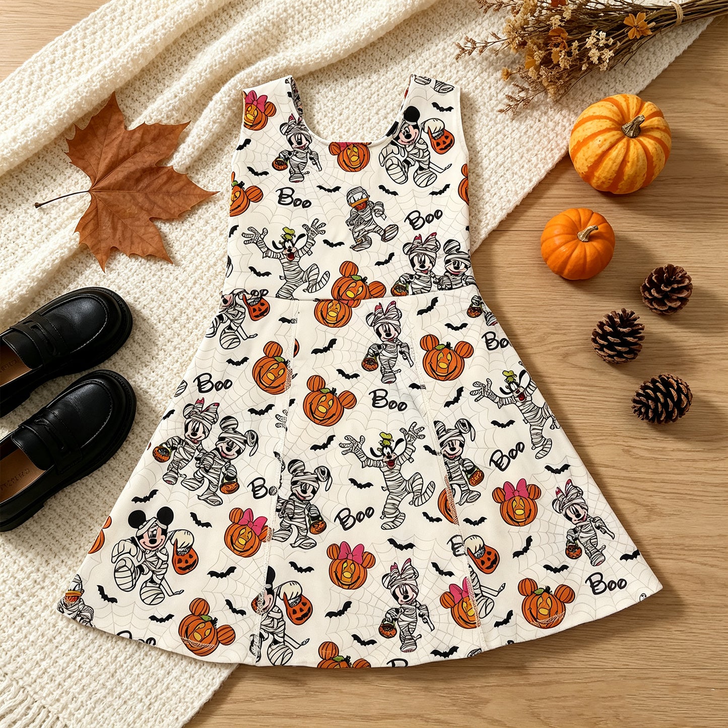 NEW RTS NO MOQ yoga fabric GSD4291 Yoga Cute Clothes Baby Girls Pumpkin Halloween Print Sleeveless Knee Length Athletic Dress