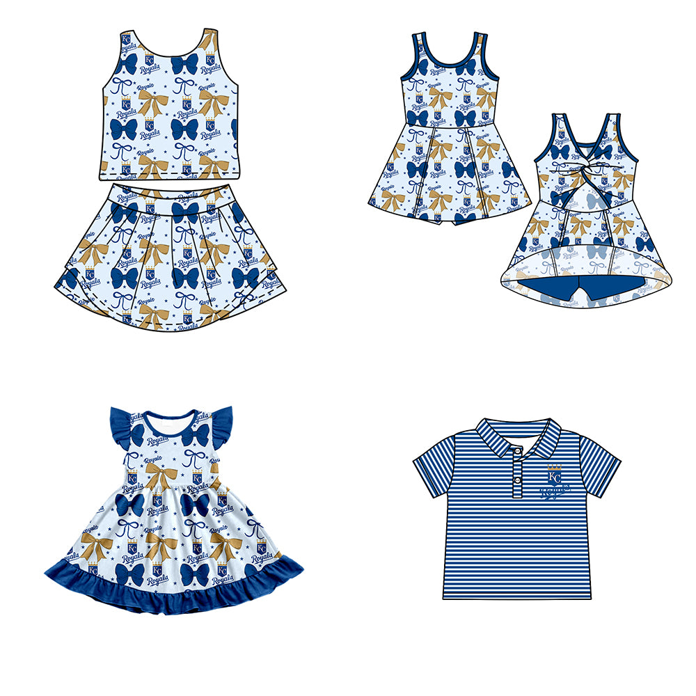 Custom moq 5 mix size milk silk summer teams baby girls clothes team blue bow sleeveless skirts sets and dress 1 and dress 2 and top-25.6.21
