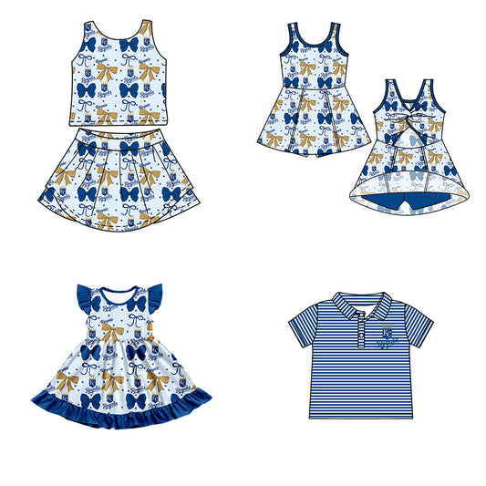 Custom moq 5 mix size milk silk summer teams baby girls clothes team blue bow sleeveless skirts sets and dress 1 and dress 2 and top-25.6.21
