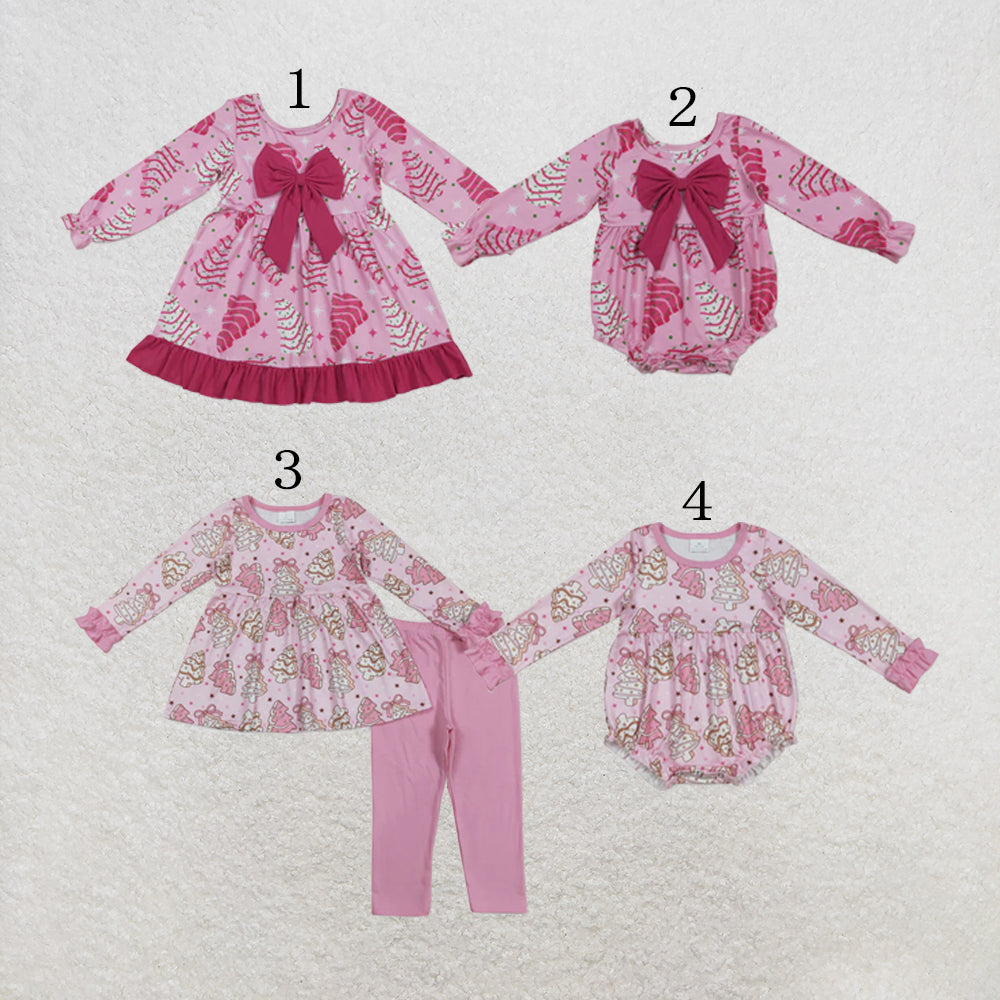 RTS NO MOQ Sibling Baby Girls Pink Stripe Trees Stars Bow Christmas Knee Ruffle Length Dresses Rompers