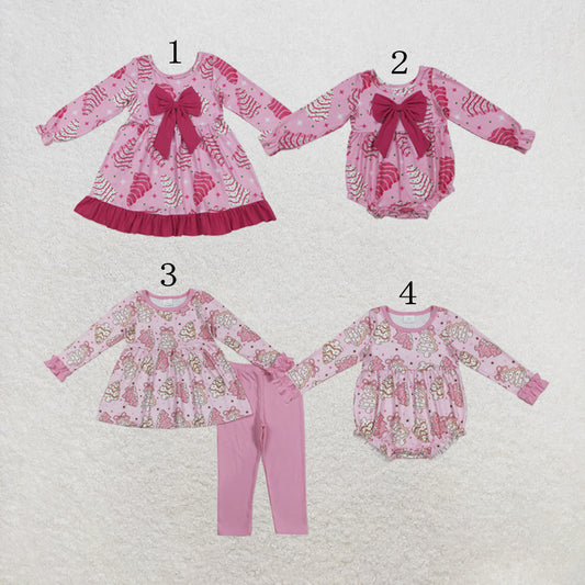 RTS NO MOQ Sibling Baby Girls Pink Stripe Trees Stars Bow Christmas Knee Ruffle Length Dresses Rompers