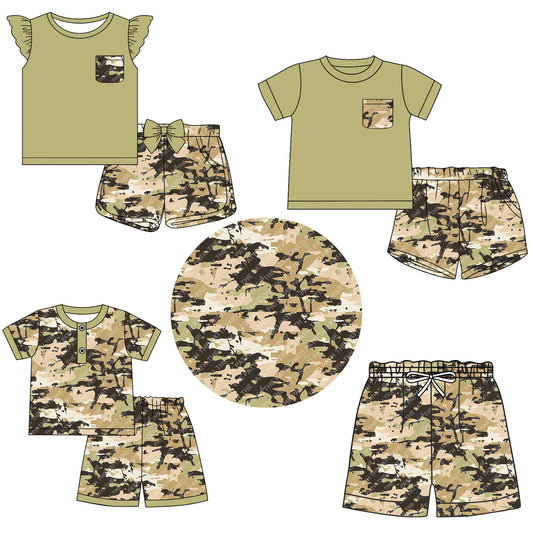 11.9 custom each style moq 5eta 4-6week Sibling Sister camouflage baby girl short sleeve shorts sets 1 and sets 2 and sets 3 and boy swim trunk match design