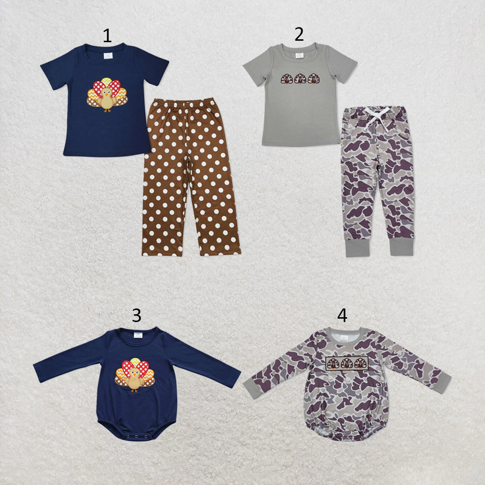 RTS NO MOQ Sibling milk silk Baby Girls Thanksgiving Turkey Print Long Sleeve Top Camo Pants Two Piece Fall Clothes Sets Rompers