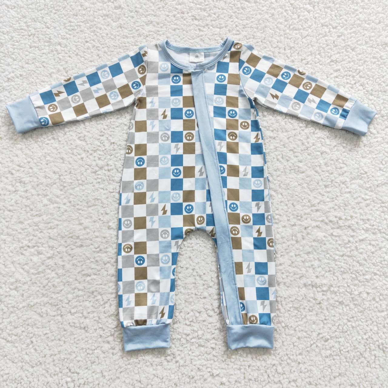 RTS NO MOQ（In Stock) Smiley Lightning Plaid Blue Zipper Long Sleeve Bodysuit