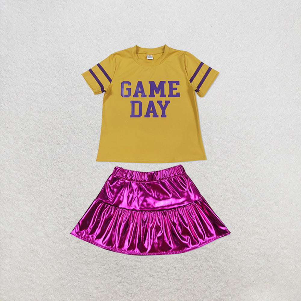 RTS NO MOQ Sibling yoga fabric Baby Girls Vinyl Purple Game Day Print Top Matching Shorts Two Piece Team Active Clothes Set