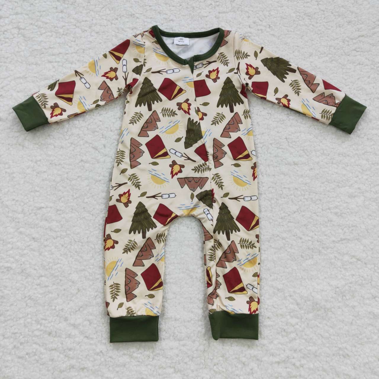 RTS NO MOQ（In Stock ) LR0398 Camping Adventure Torch Tree Tent Zipper Long Sleeve Onesie