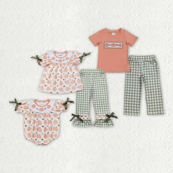 RTS NO MOQ Kids Fall Pumpkins Orange Sibling Rompers Outfits Clothes Sets
