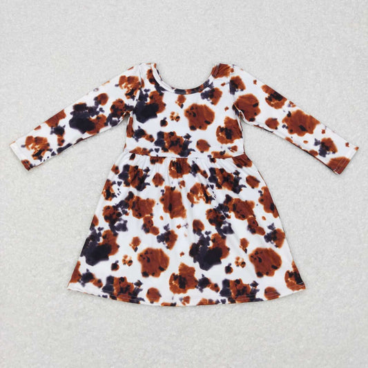 RTS NO MOQ（In Stock ) Ink pattern brown and white long-sleeved dress
