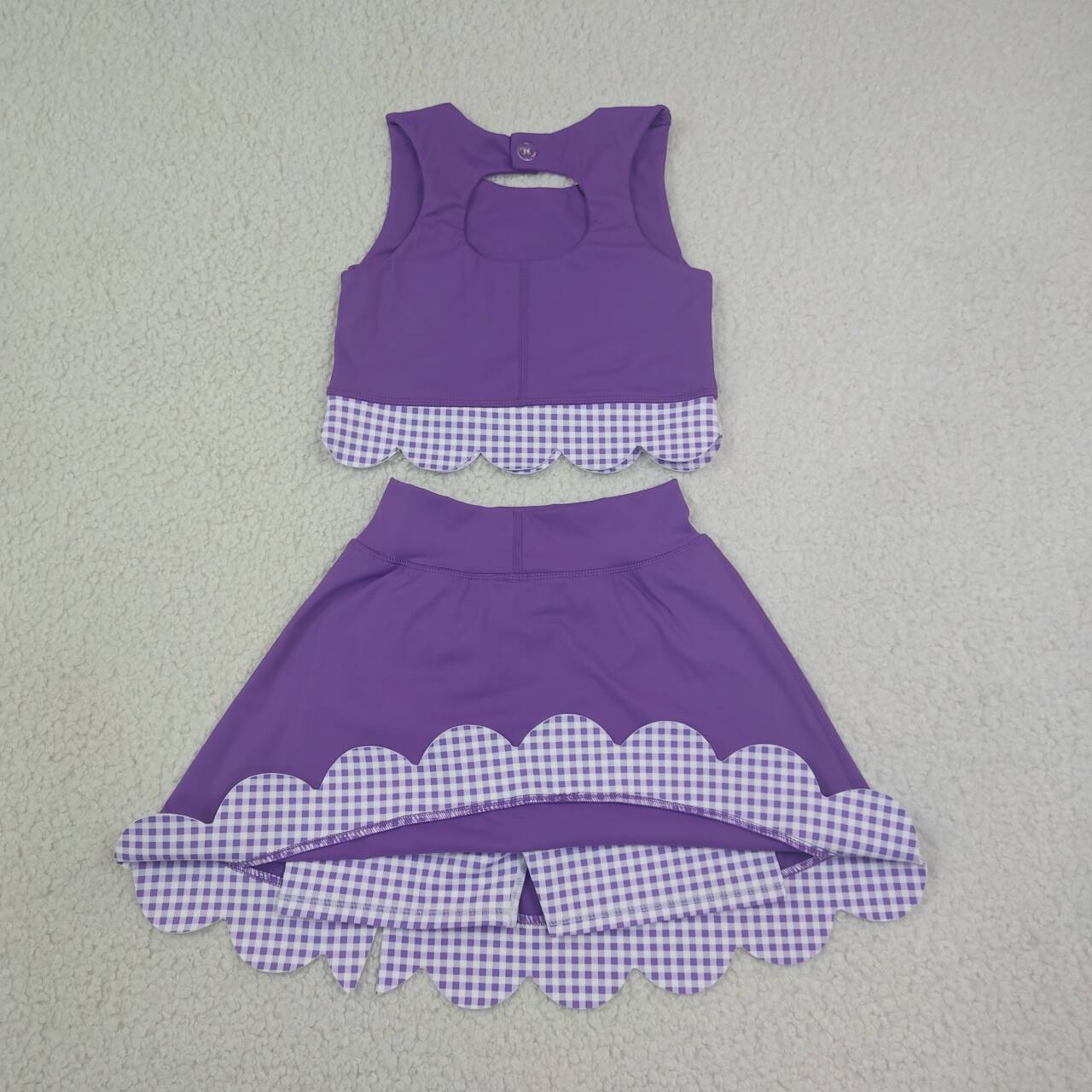 NEW RTS NO MOQ yoga fabric GSD4225 Baby Girls Purple Sleeveless Vest Bows Scallop Skirt Shorts Yoga Active Set