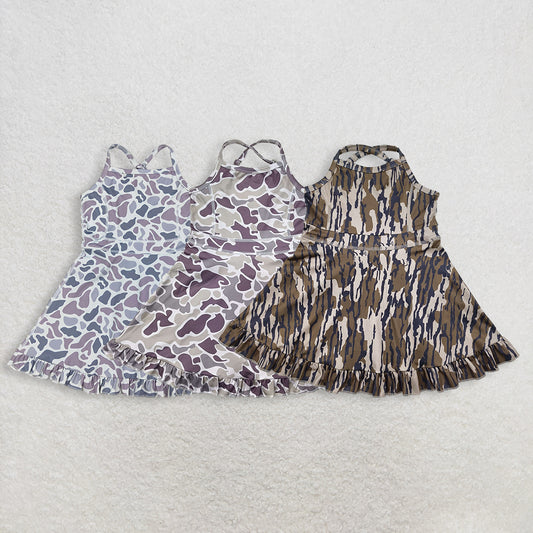 RTS NO MOQ Sibling Baby Girls Camouflage Ruffle Knee-Length Dress with Strap Yoga Active Shorts