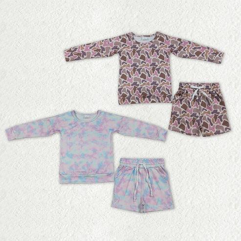 RTS NO MOQ Sibling Baby Girls Long Sleeve Pink Camouflage Print Top with Pockets Short Outfit Set for Little Ones