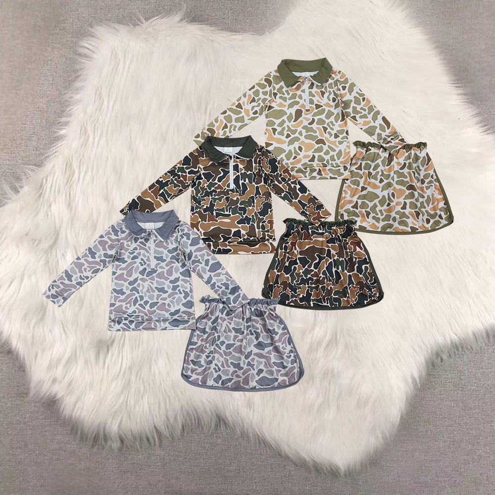 RTS NO MOQ sibling baby girls clothes camouflage long sleeve Clothes skirts Sets