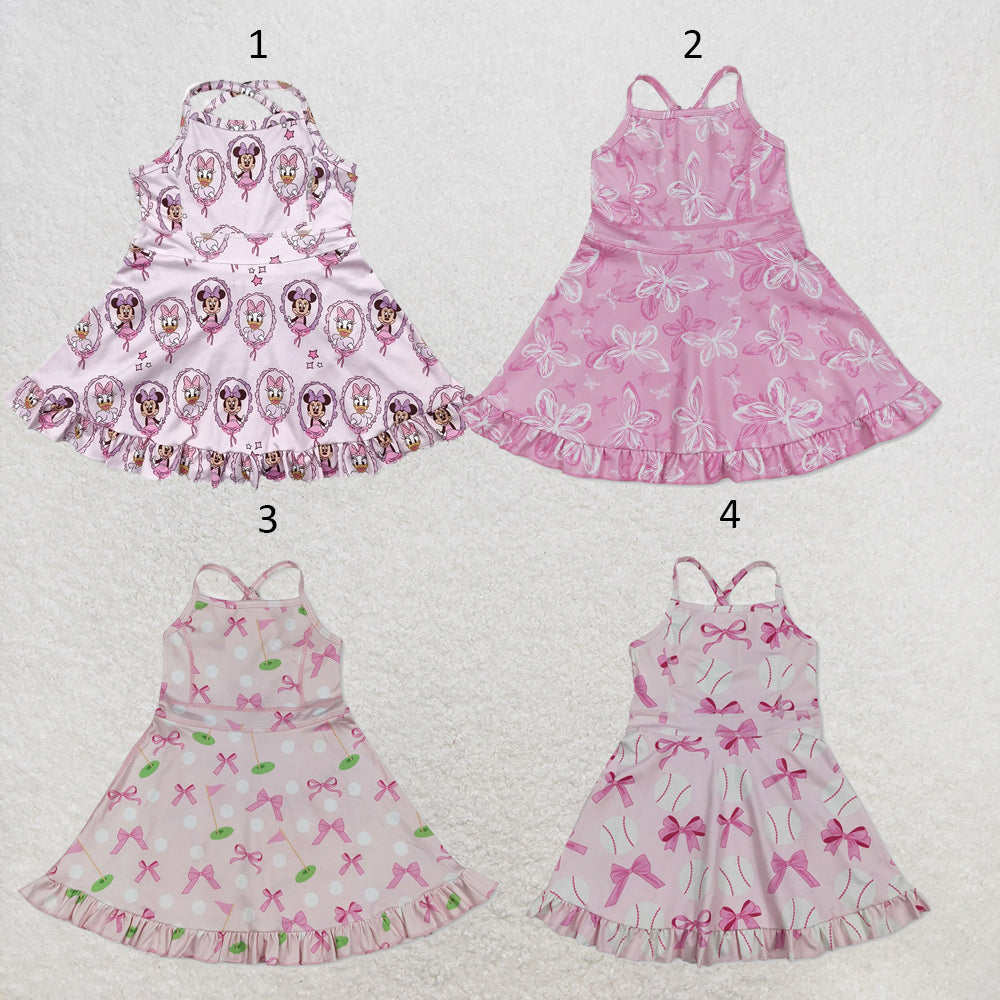 RTS NO MOQ Sibling yoga fabric Baby Girls Pink Bow Strap Yoga Casual Knee Length Dresses