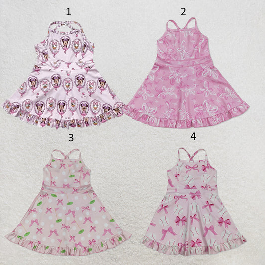 RTS NO MOQ Sibling yoga fabric Baby Girls Pink Bow Strap Yoga Casual Knee Length Dresses