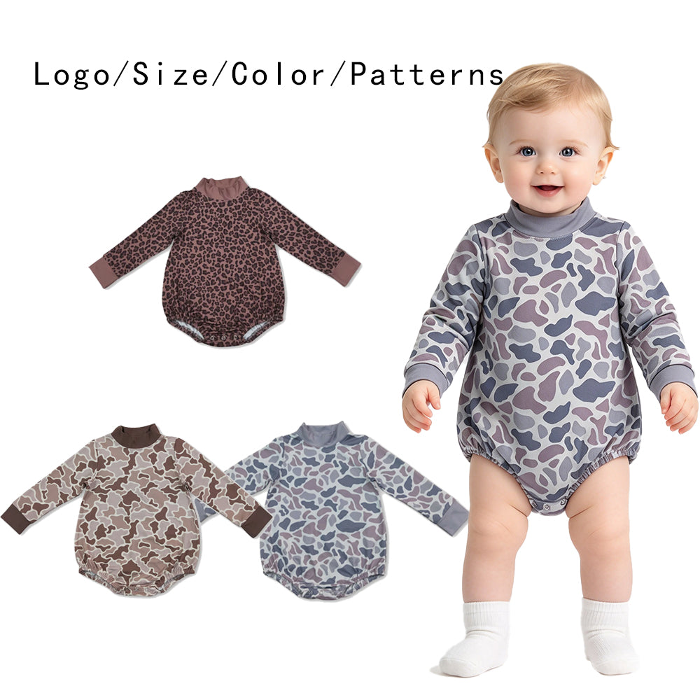 RTS NO MOQ Sibling milk silk High Neck Baby Boys Camo Print Long Sleeve Bubble Romper