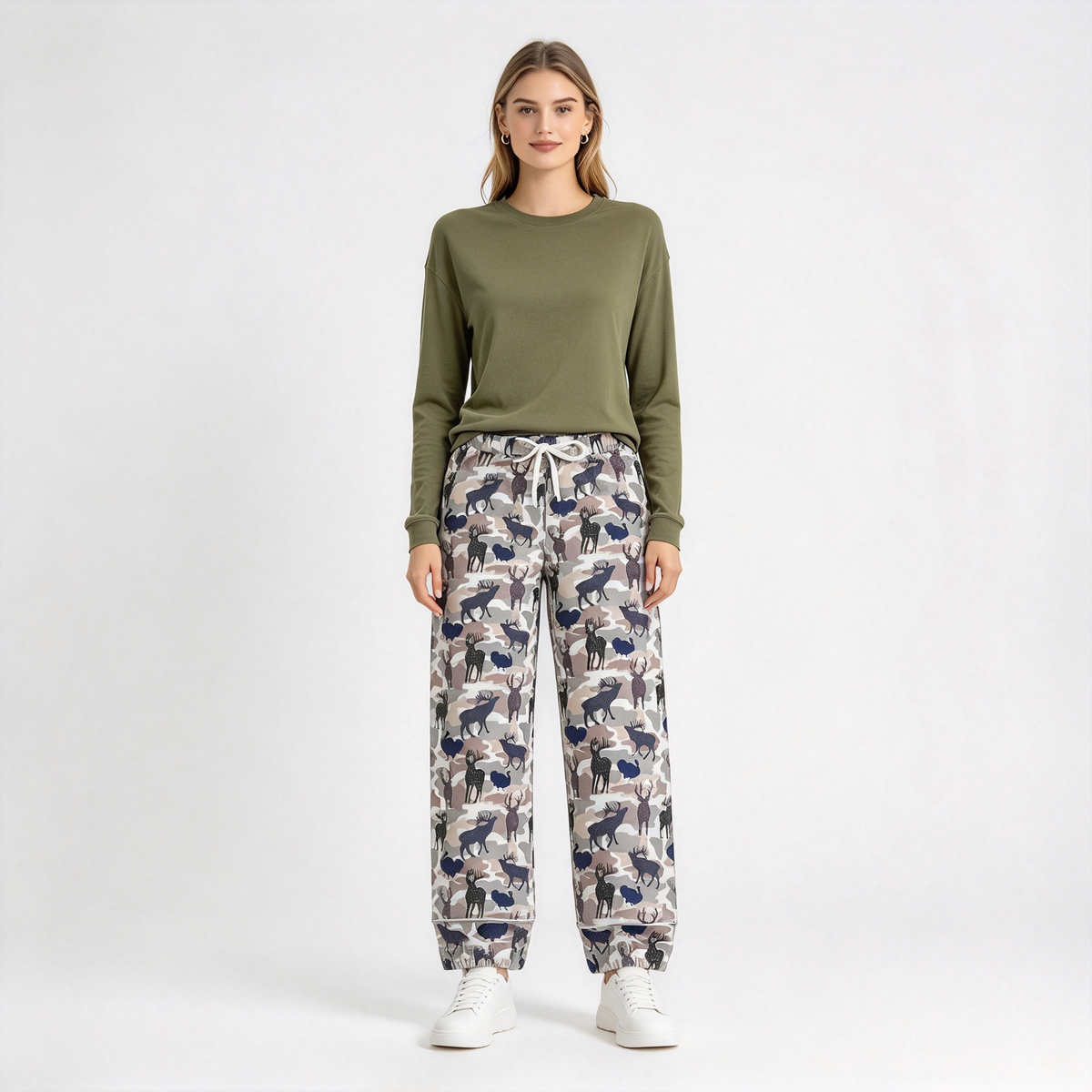 RTS NO MOQ Sibling milk silk Adult Camo Print Wide Leg Pants Casual Pajamas