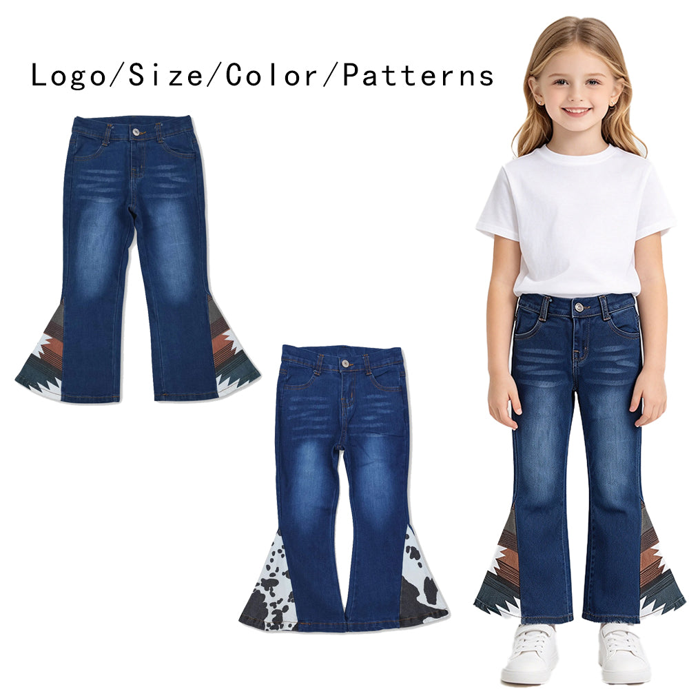 RTS NO MOQ Sibling Denim Baby Girls Western Spliced Denim Flare Pants