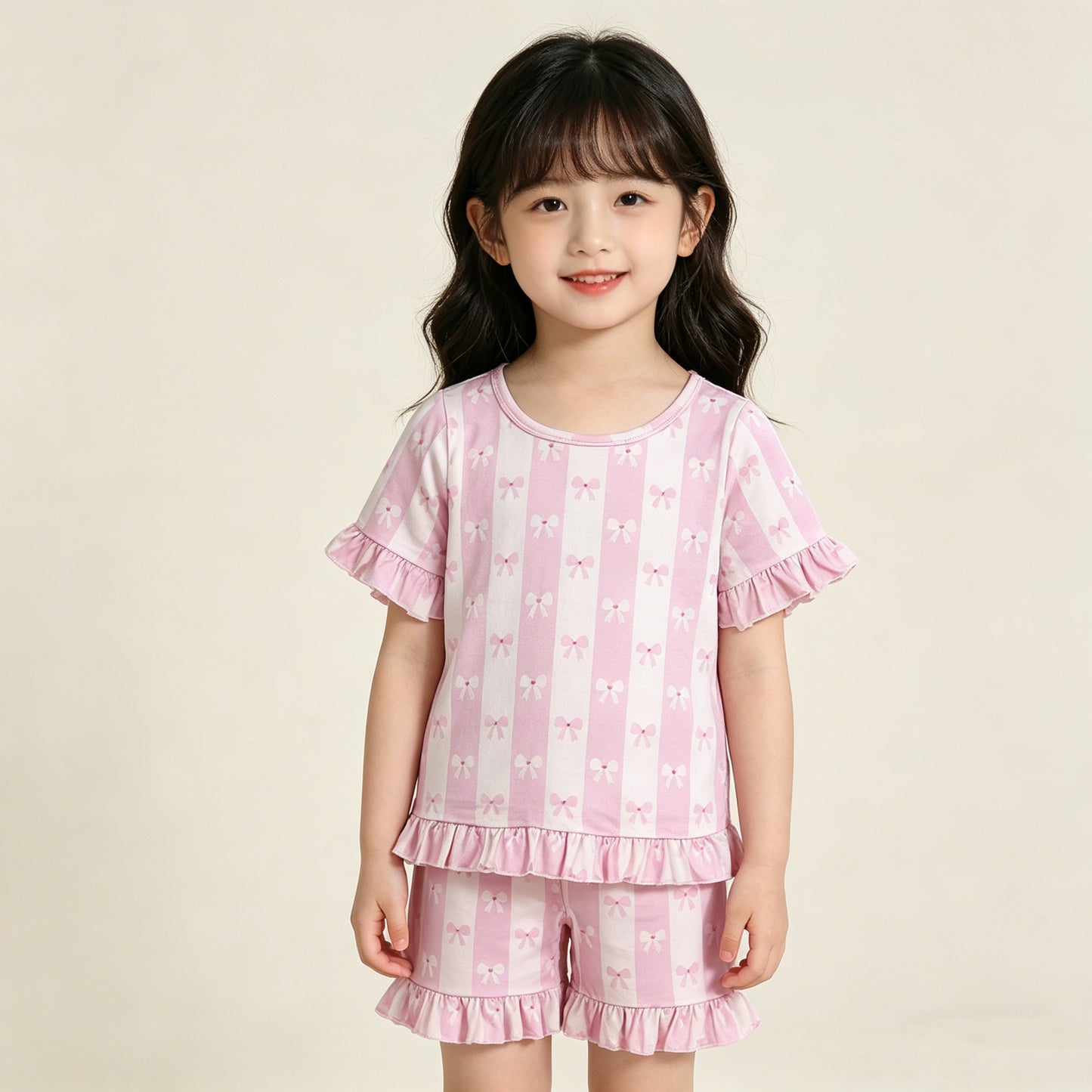 RTS NO MOQ GSSO3341 Baby Girls Short Sleeve Top with Pink Bows Stripe Ruffle Shorts Outfit Set for Little Girls