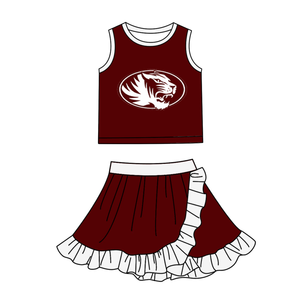 Custom moq 5 mix size milk silk summer teams Baby Girls Dark Red White Vest Scallop Skirt Yoga Set