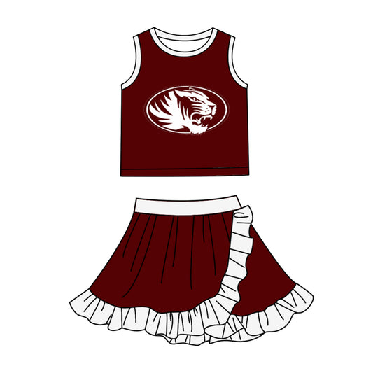 Custom moq 5 mix size milk silk summer teams Baby Girls Dark Red White Vest Scallop Skirt Yoga Set