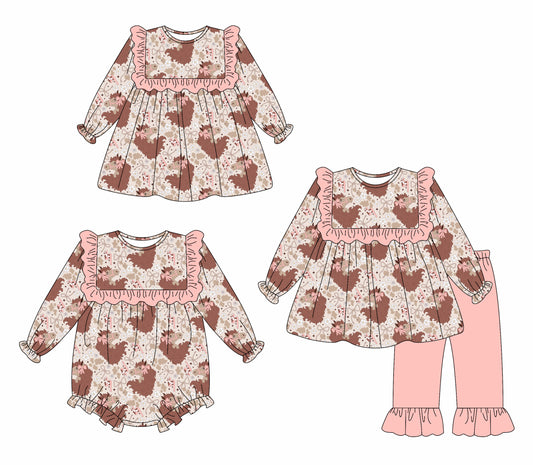 25.6.28 custom each style moq 5eta 4-6week Sibling Sisters horse bow pink baby girl long sleeve pants sets and dress and rompers match family design