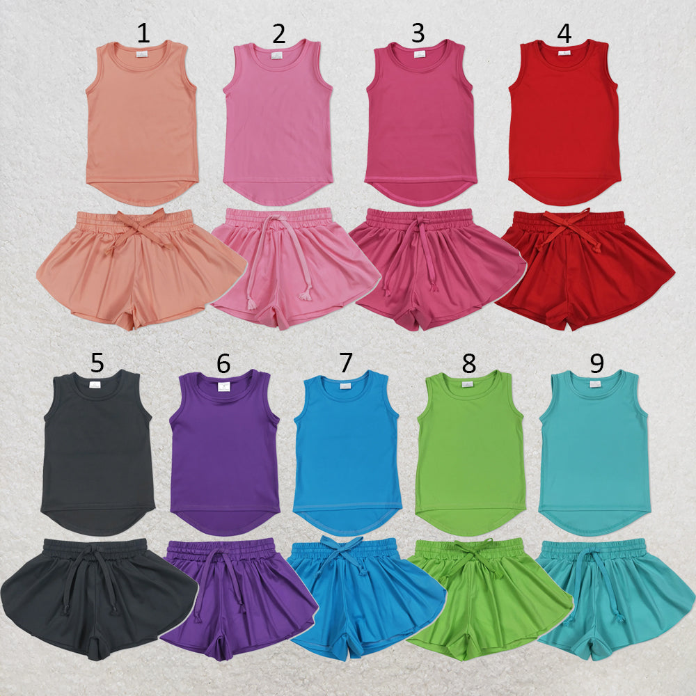 RTS NO MOQ Sibling yoga fabric Baby Girls Solid Color Sleeveless Yoga Tank Top Skort Yoga Shorts Bottoms Active Clothes Set
