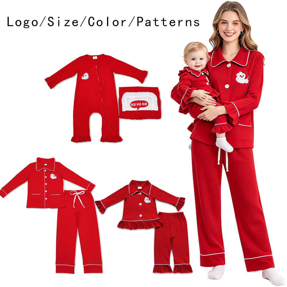 RTS NO MOQ Sibling milk silk Adult And Kids Red Christmas Pajama Set Ruffle Zipper Romper Collared Button Embroidery Sleepwear