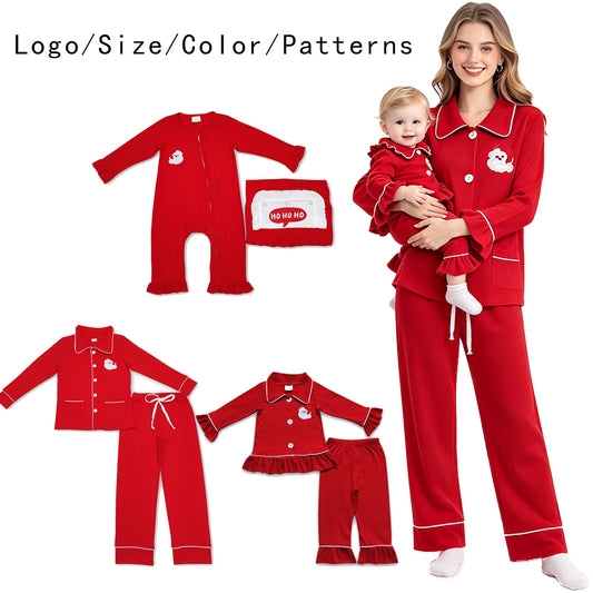 RTS NO MOQ Sibling milk silk Adult And Kids Red Christmas Pajama Set Ruffle Zipper Romper Collared Button Embroidery Sleepwear