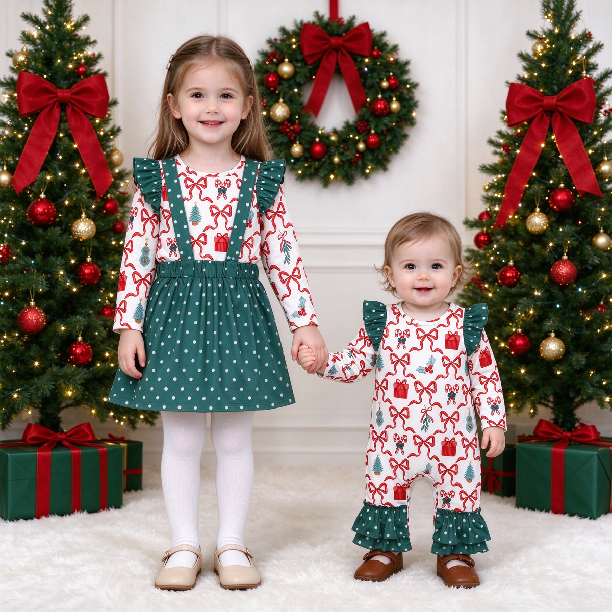 Baby Girls Christmas Polka Ruffle Collection - Top Overall Dress Set & Romper