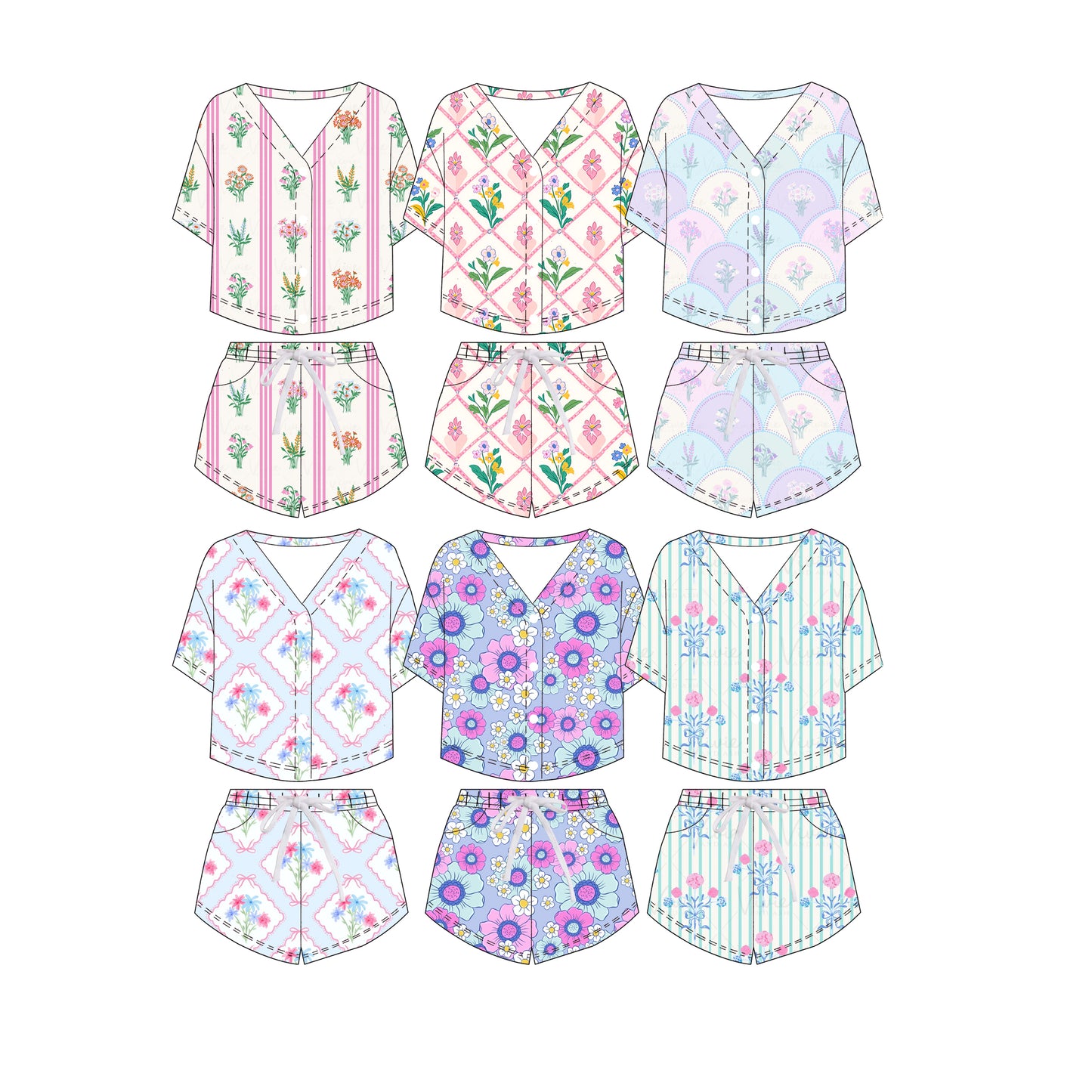 3.6 Custom moq 5 mix size Sibling Floral Print Button-Down Top And Drawstring Shorts Set Short-Sleeved Outfit for Kids