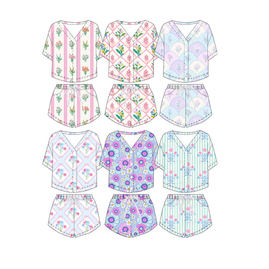3.6 Custom moq 5 mix size Sibling Floral Print Button-Down Top And Drawstring Shorts Set Short-Sleeved Outfit for Kids