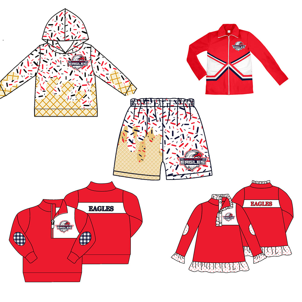 Custom moq 5 mix size milk silk baby girls clothes team red hooded long sleeve tops and shorts and jacket and top 2-25.7.28