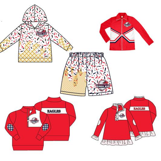 Custom moq 5 mix size milk silk baby girls clothes team red hooded long sleeve tops and shorts and jacket and top 2-25.7.28