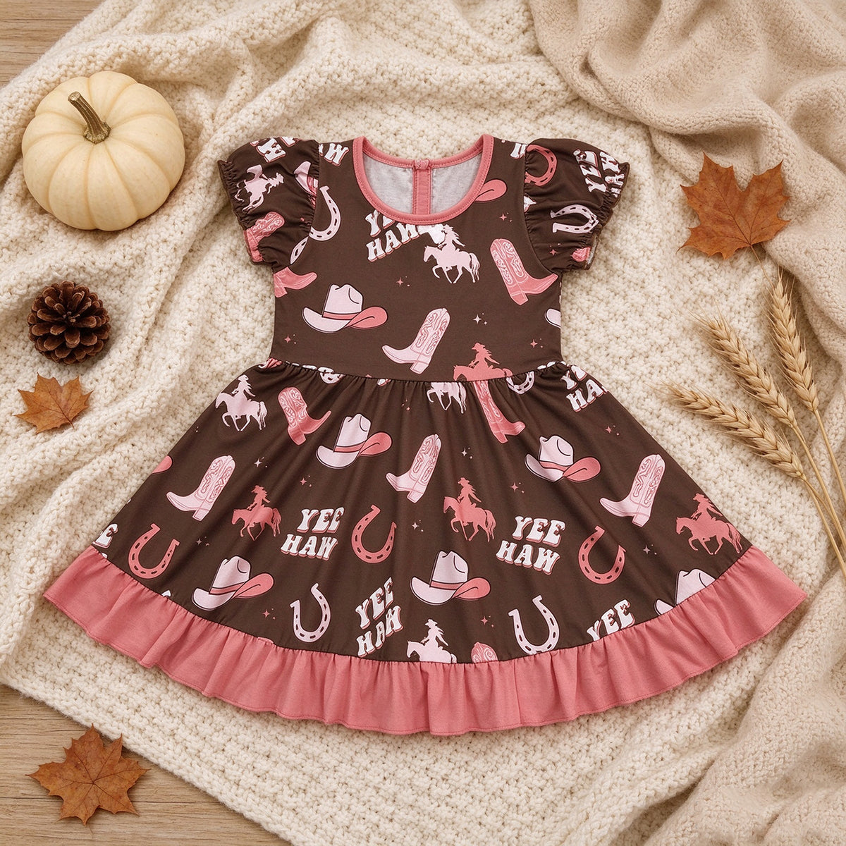 NEW RTS NO MOQ milk silk GSD0748 Baby Girls Cute Western Cowgirl Boots Ruffle Knee Length Casual Dresses
