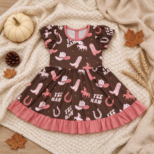 NEW RTS NO MOQ milk silk GSD0748 Baby Girls Cute Western Cowgirl Boots Ruffle Knee Length Casual Dresses