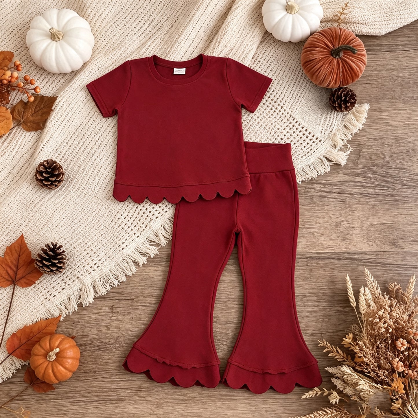 NEW RTS NO MOQ cotton GSPO2344（GT1774+P1082）Baby Girls Maroon Short Sleeve Shirts Top Flare Pant Scallop Sets
